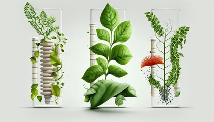 Sticker -  a group of plants in test tubes filled with water and plants inside of them, all of which are green and white, with a red flower in the middle.  generative ai