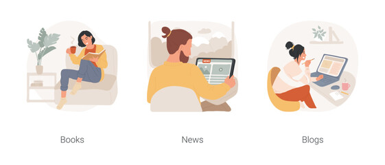 Poster - Self-development isolated cartoon vector illustration set. Woman holding a cup of coffee and reading a book, man reading news online, young teen reading online blog, new information vector cartoon.