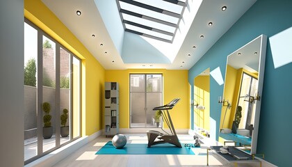 Sticker -  a room with a treadmill and a mirror on the wall and a skylight in the middle of the room and a blue rug on the floor.  generative ai