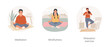 Stress management isolated cartoon vector illustration set. Person practice mindfulness, sit in meditation pose, keeping hands in mudra gesture, relaxation exercise, manage emotions vector cartoon.