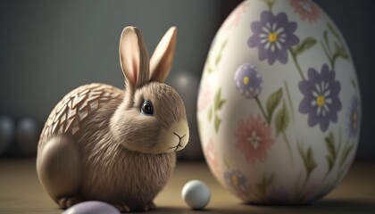 Sticker -  a small rabbit sitting next to a decorated easter egg on a wooden table with three eggs in front of it and a flowered egg in the background.  generative ai