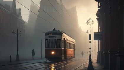 Poster -  a train traveling down a foggy street next to a tall building with a clock on it's side and a person walking on the sidewalk.  generative ai