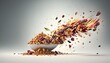  a bowl filled with granola falling into the air with a leaf sticking out of the top of the bowl and sprinkled with seeds.  generative ai