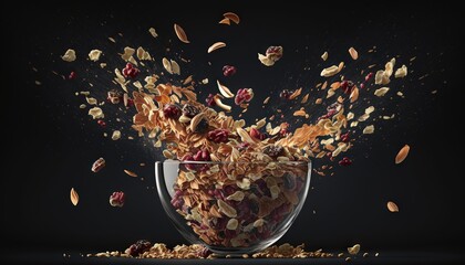 Poster -  a bowl filled with granola falling into it's own with lots of seeds coming out of the top of the bowl and falling into the air.  generative ai