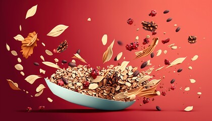 Sticker -  a bowl filled with lots of food flying out of it's sides to the side of the bowl is falling seeds and leaves into the bowl.  generative ai