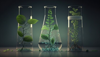 Poster -  three glass vases with plants inside of them on a table with water and leaves in them on a dark surface with a black background.  generative ai