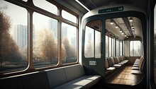  A Train Car With Lots Of Windows And A Bench In The Middle Of The Car, With A View Of A City Through The Windows.  Generative Ai
