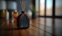  A Wooden Table Topped With A Blue Bottle Filled With Liquid And A Reed Diffuser On Top Of A Wooden Table Next To Bottles Of Liquid.  Generative Ai