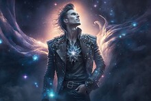 Illustration Rock Star Portrait, A Man In Handsome Gothic Leather Black Jacket With Glitter Glow Festive Background, Generative Ai