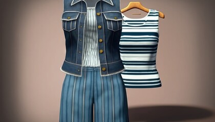 Wall Mural -  a woman's blue and white striped top and pants are on a mannequin with a striped shirt on it and a striped vest on top.  generative ai