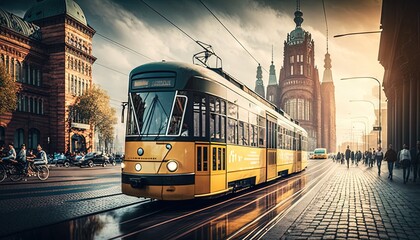 Poster -  a yellow train traveling down train tracks next to tall buildings and a clock tower in the distance with people walking on the sidewalk below it.  generative ai