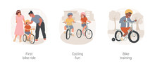 Learn Cycling Isolated Cartoon Vector Illustration Set. First Ride, Parent Help Kid To Go On Bicycle, Children Cycle Together, Have Fun, Small Bike With Training Wheels, Active Life Vector Cartoon.