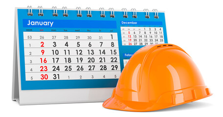 Construction Orange Hard Hat with desk calendar, 3D rendering