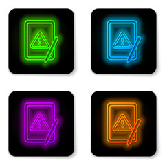 Sticker - Glowing neon line Graphic tablet with exclamation mark icon isolated on white background. Alert message smartphone notification. Black square button. Vector