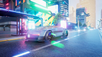 Autonomous electric sport car in smart city, metaverse or cyberpunk conpept, 3d render