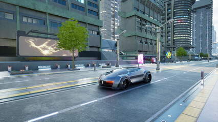 Wall Mural - Autonomous electric sport car in smart city, metaverse or cyberpunk conpept, 3d render