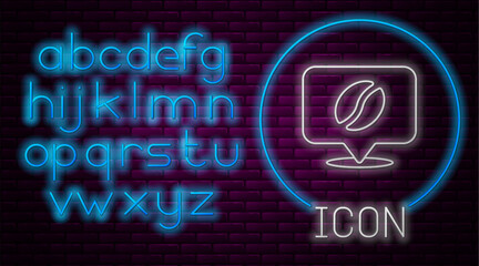 Sticker - Glowing neon line Location with coffee bean icon isolated on brick wall background. Neon light alphabet. Vector