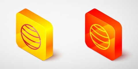 Wall Mural - Isometric line Planet icon isolated on grey background. Yellow and orange square button. Vector