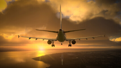 Wall Mural - Commercial plane prepare to landing over the amazing sunset