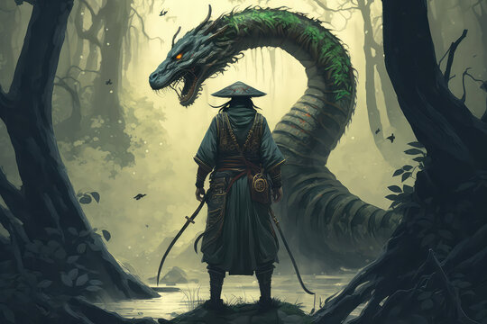 samurai standing against the great serpent in the evergreen forest, snake,tale monster,creatures of myth and Legend ,digital art, Illustration painting. (ai generated)