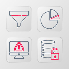 Poster - Set line Server security with lock, Monitor exclamation mark, Pie chart infographic and Sales funnel icon. Vector