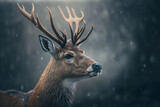 Fototapeta Zwierzęta - A deer with big horns is standing in the middle of the forest, it's snowing