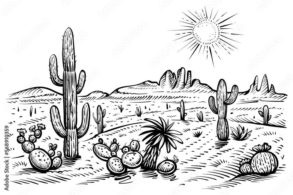 Desert western landscape sketch. Vector black and white illustration ...