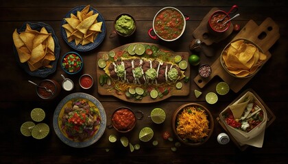 Wall Mural -  a table topped with plates of food and bowls of salsa and guacamole and tortillas and chips and salsa sauces.  generative ai