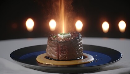 Wall Mural -  a piece of cake sitting on top of a blue plate on a white table cloth with candles in the background and a lit candle in the middle of the cake.  generative ai