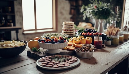 Wall Mural -  a wooden table topped with a bowl of fruit and a plate of food next to a bowl of fruit and a plate of cookies and a bowl of fruit.  generative ai