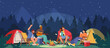 Young People Spend Time At Night Summer Camp In Deep Forest. Active Tourist Characters Sitting On Field With Tents