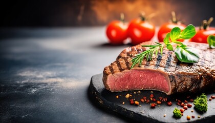 Poster -  a piece of steak on a black plate with tomatoes and herbs on the side of the plate and on the side of the plate is a knife and on the other side.  generative ai