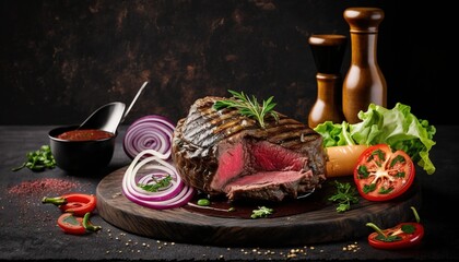 Poster -  a piece of steak with vegetables and sauce on a cutting board with a knife and a bottle of ketchup on a dark background.  generative ai