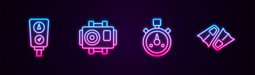 Sticker - Set line Gauge scale, Photo camera for diver, Stopwatch and Flippers swimming. Glowing neon icon. Vector