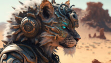 Lion Head Cyborg With Cyberpunk Style At Desert With A Scary Face Generative Ai.