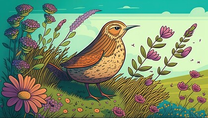 Wall Mural -  a painting of a bird in a field of flowers and grass with a blue sky in the back ground and clouds in the back ground.  generative ai