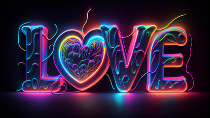 Wall Mural - Futuristic Modern empty stage. Reflective dark room with glowing neon heart shape for valentine's day or mother's day.