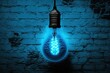 Digital illustration of light bulb with blue light, background bricks wall. Generative AI