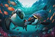  a painting of a penguin and a penguinling swimming in the ocean with a lot of fish around it and a lot of bubbles in the water.  generative ai