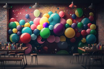 Canvas Print -  a room filled with lots of tables and chairs next to a brick wall with balloons on the wall and a bunch of candles on the tables.  generative ai