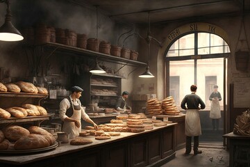  a painting of a bakery filled with lots of bread and pastries on display in front of a woman in a white apron and a window.  generative ai