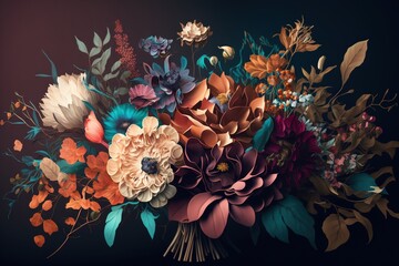 Sticker -  a bouquet of flowers on a black background with leaves and flowers in the center of the bouquet, with a dark background with a few orange, red, yellow, blue, green, and red flowers.  generative ai