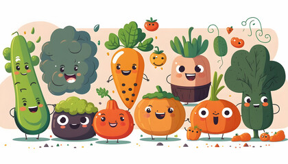 Canvas Print - group of vegetables, wallpaper vegetables with happy faces, vector illustration