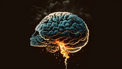 Wall Mural -  a brain with a lot of smoke coming out of the top of it and a bright yellow light coming out of the middle of the brain.  generative ai