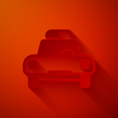 Sticker - Paper cut Police car and police flasher icon isolated on red background. Emergency flashing siren. Paper art style. Vector