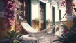  a white hammock hanging from a balcony next to a potted plant and a door with a green shuttered window and a balcony with pink flowers.  generative ai