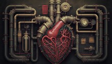  A Heart Surrounded By Pipes And Valves With A Red Heart In The Middle Of The Picture, Surrounded By Pipes And Valves, And A Red Heart In The Middle Of The Picture.  Generative Ai