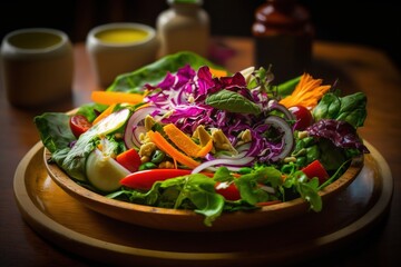 Poster -  a wooden bowl filled with a salad on top of a wooden table next to a bottle of mustard and a cup of mustard in the background.  generative ai