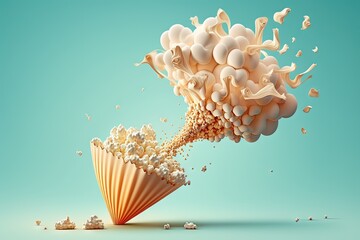 Wall Mural -  a large amount of popcorn falling into a large shell on a blue background with a sky in the background and a few scattered scattered objects in the foreground.  generative ai