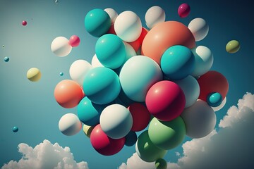 Sticker -  a bunch of balloons floating in the air with clouds in the backgroup of them and a blue sky in the backgroup.  generative ai